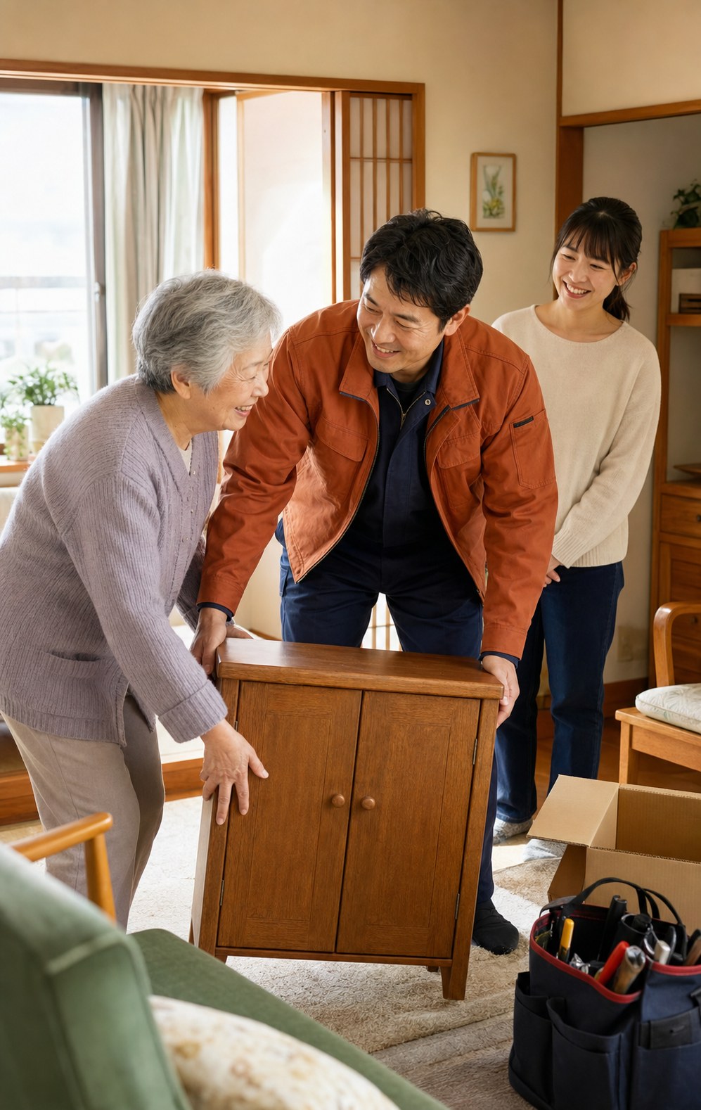 家具の移動を手伝うスタッフと笑顔になるご家族