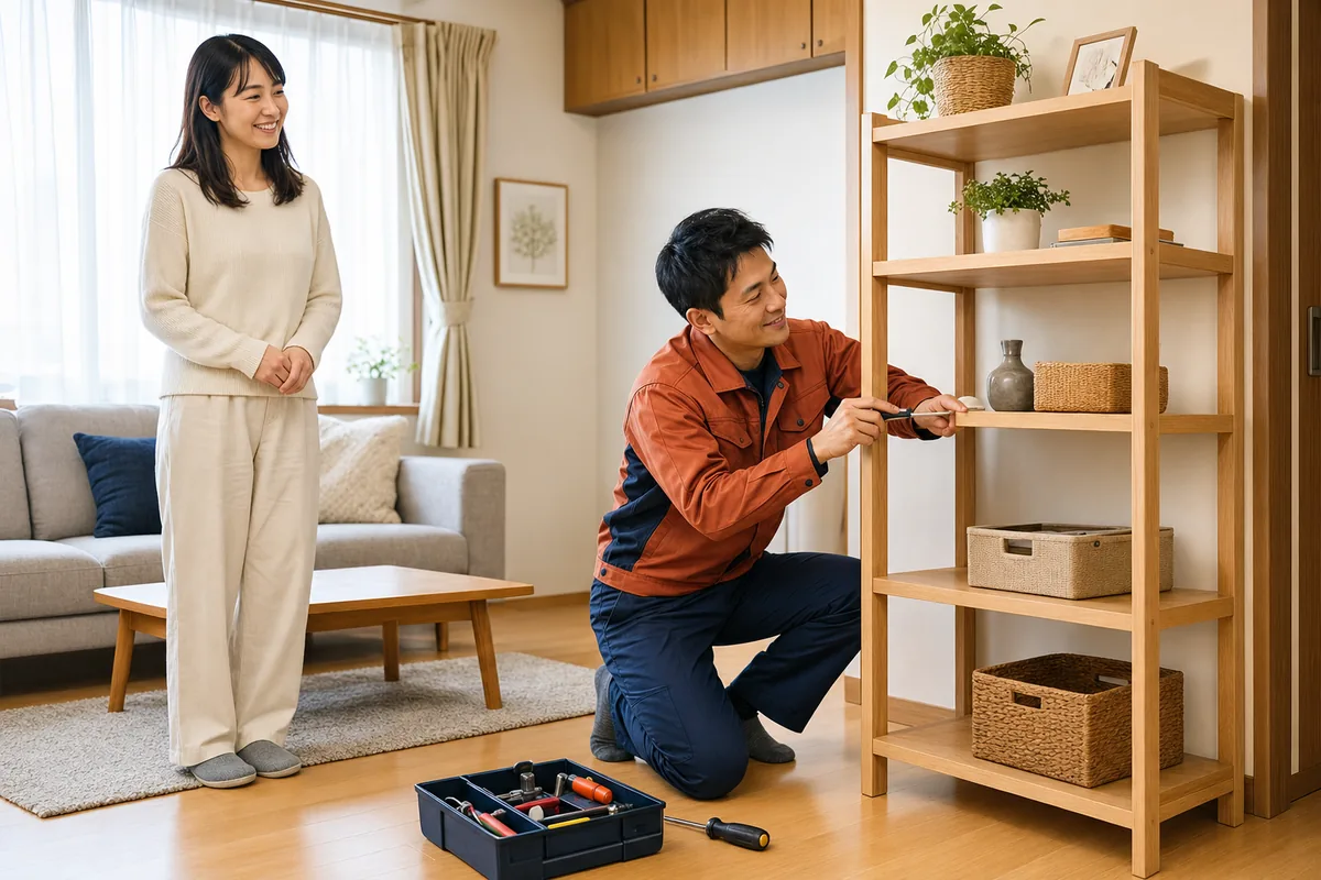 リビングで家具を丁寧に組み立てるスタッフ
