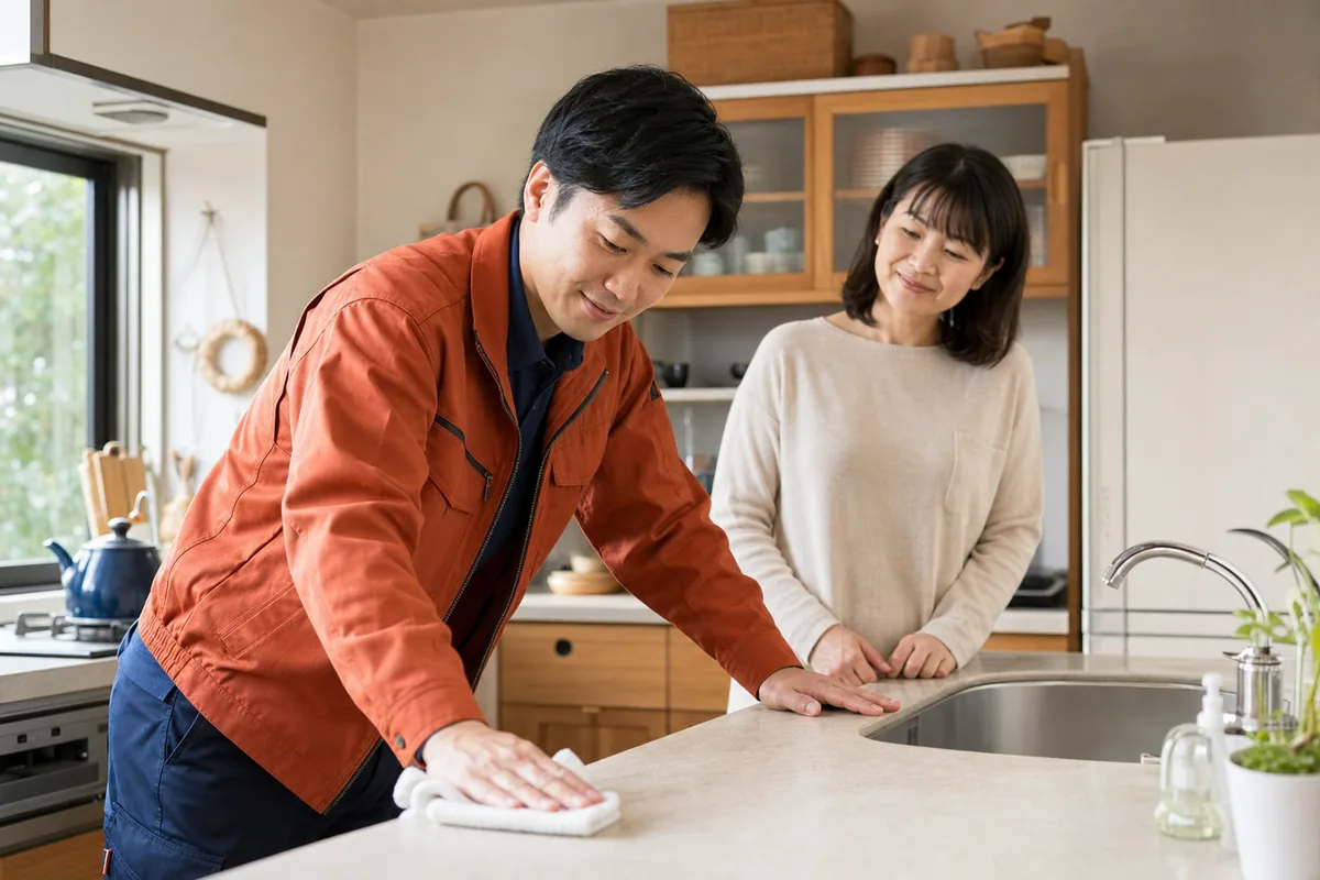 キッチンを丁寧に清掃する家事代行スタッフ
