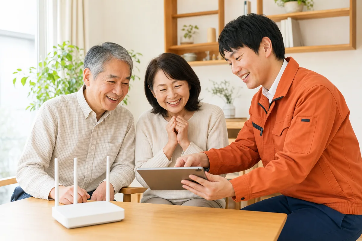 Wi-Fiの接続をやさしく案内するスタッフ