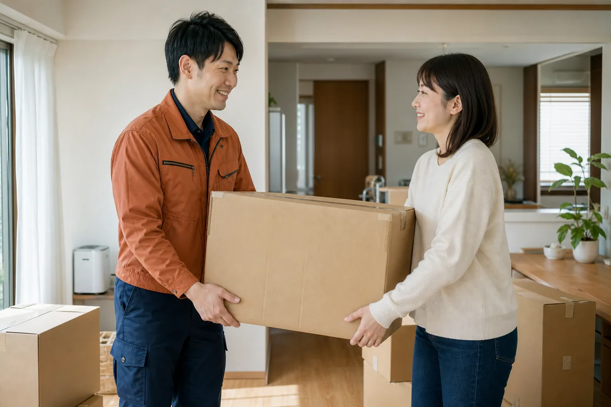 引っ越しの荷物を運ぶスタッフと依頼者