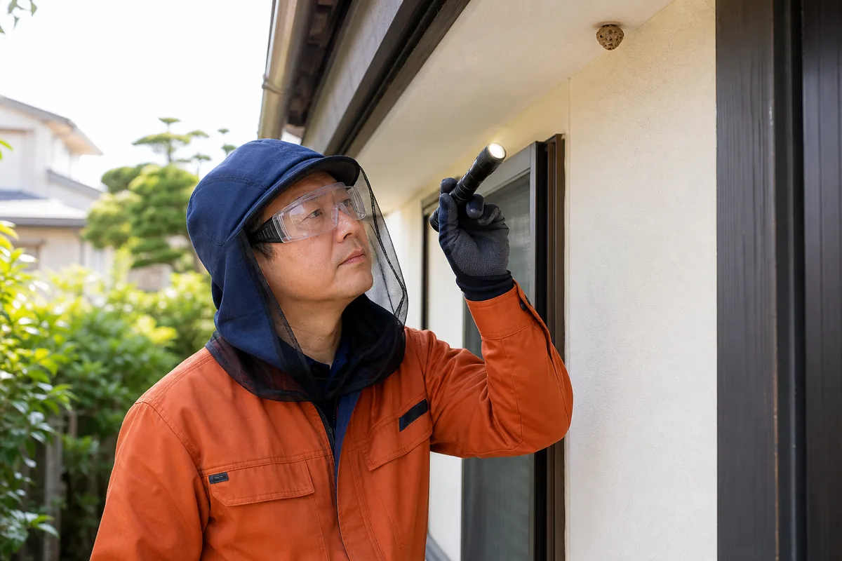 住宅まわりの害虫被害を安全に点検するスタッフ