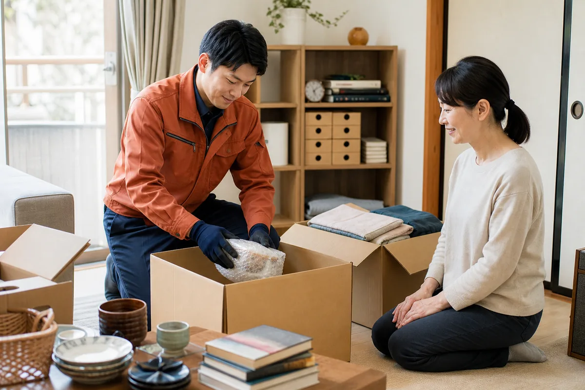 室内の荷物を分別して片付けるスタッフ