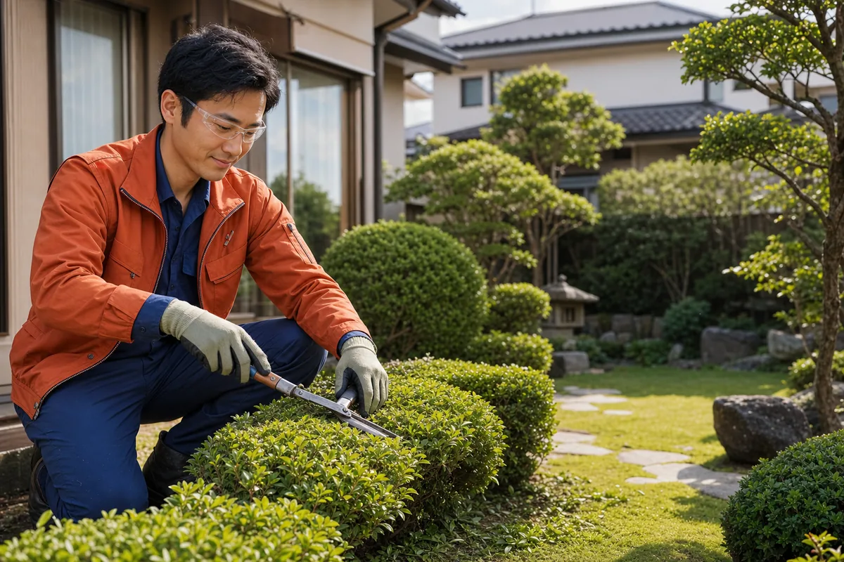 住宅の庭をきれいに整えるスタッフ